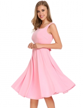 

Pink Square Collar Sleeveless Solid Backless Bow A-Line Pleated Hem Dress, Multicolor