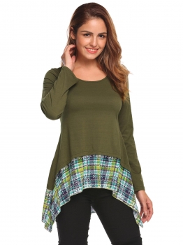 

Army green Long Sleeve O Neck Print Patchwork Tops, Multicolor