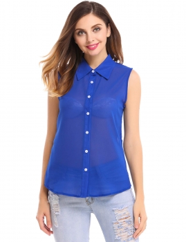 

Blue See-through Loose Solid Button Down Shirt Blouse, Multicolor