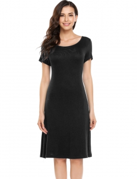 

Black Round Neck Short Sleeve Solid Casual Loose Fit Tunic Dress, Multicolor
