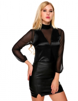 

Black Mesh Patchwork Stand Collar Long Sleeve Tops, Multicolor