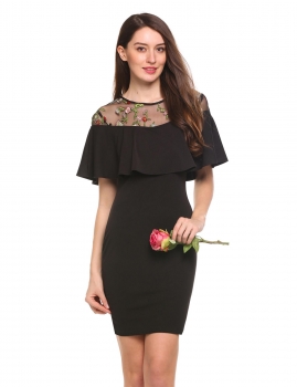 

Black Short Sleeve Floral Embroidered Patchwork Dress, Multicolor