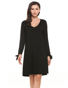 

Black V-Neck Long Slit Sleeve Solid Cuff Bandage Elastic Pullover Dress, Multicolor