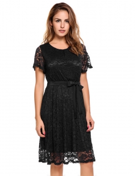 

Black Short Sleeve Belted Fit and Flare Floral Lace Dress, Multicolor