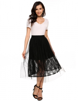 

Black Floral Lace Mesh Layered Scalloped Waistline Tulle Midi Skirt, Multicolor