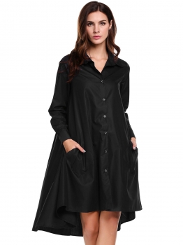 

Black Turn-down Collar Long Sleeve Solid Button-down Asymmetrical Hem Shirts Dress, Multicolor