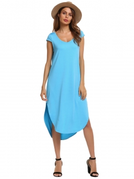 

Blue Solid Cap Sleeve Split Curved Hem Loose Fit Midi Shift Dress, Multicolor