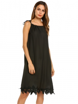 

Black Drawstring Neck Sleeveless Lace Trim Chiffon Dress, Multicolor