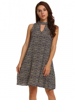

Blue O-Neck Sleeveless Floral Keyhole Loose Dress, Multicolor