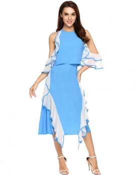 

Blue Ruffle-Trimmed Patchwork Halter Backless Dress, Multicolor