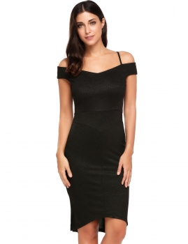

Black Solid V Neck Spaghetti Straps Pencil Dress, Multicolor