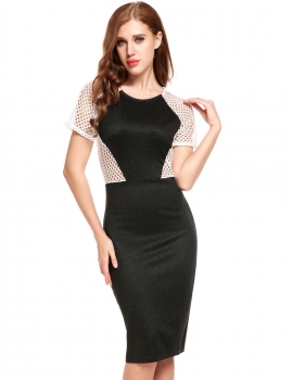 

Black Short Sleeve Net Patchwork O Neck Sexy Cocktail Clubwear Bodycon Dress, Multicolor