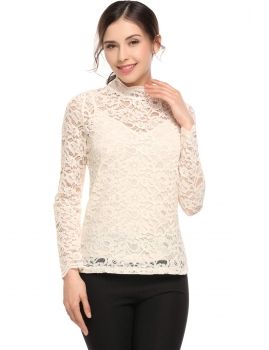 

Beige O-Neck Long Sleeve Lace Two Pieces Set Blouse, Multicolor