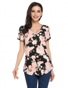 

Black V-Neck Short Sleeve Floral Pocket Asymmetrical Hem Tops, Multicolor