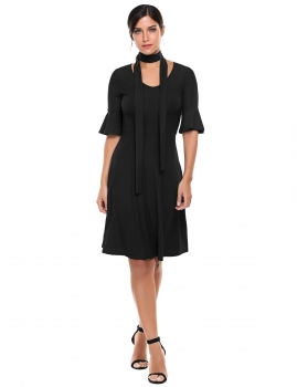 

Black V-Neck Half Flare Sleeve A-Line Pleated Hem Elastic Casual Dress, Multicolor