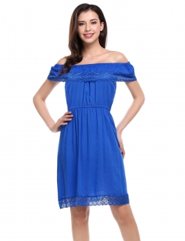 

Blue Slash Neck Crochet Lace Ruffles Summer Dress, Multicolor