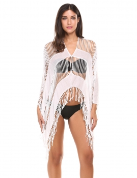 

Women Perspective Tassel Loose Patchwork Beachwear Bikini Smock, White