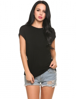 

Black Solid Backless Dropped Elastic Loose Short Sleeve Pullover Top, Multicolor