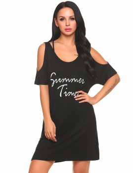 

Black Letter Print Cold Shoulder Loose Long T-Shirt Dress, Multicolor
