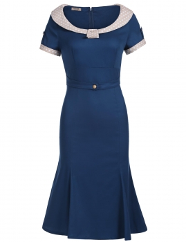

Dark blue O-Neck Short Sleeve High Waist Slim Pencil Dress, Multicolor