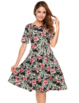 

Blue Short Sleeve Large Swing Pleated Dress, Multicolor
