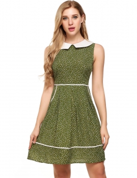 

Green Sleeveless Print Doll Collar Pocket A-Line Dress, Multicolor