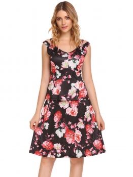 

Black Sleeveless Floral Print V Neck Ruffle A-Line Dress, Multicolor