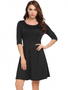 

Black 3"4 Sleeve Solid Neck A-Line Dress, Multicolor