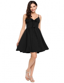 

Black Strappy Bow Tie Button Down Swing Backless Short Dress, Multicolor