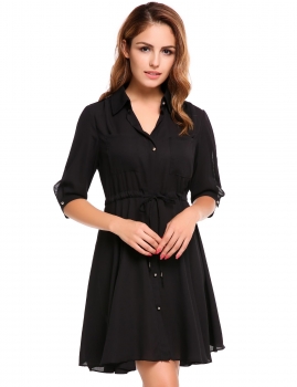 

Black 3"4 Sleeve Solid Button-Down Collar Chiffon A-Line Dress, Multicolor