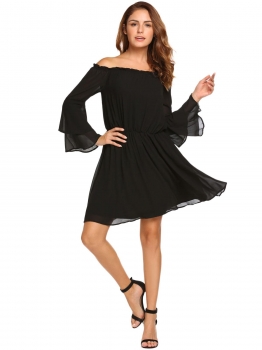 

Black Off the Shoulder Layered Flare Sleeve Solid Chiffon A-Line Dress, Multicolor