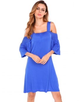 

Blue Flare Sleeve Cold Shoulder Elastic Loose Solid Dress, Multicolor