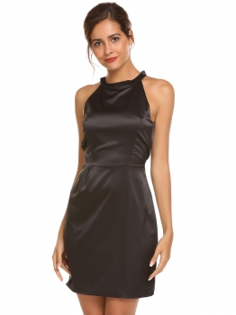 

Black Sleeveless Solid Bow Backless Satin Dress, Multicolor