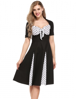 

Black Vintage Styles Prints Patchwork Bow Pleated Dress, Multicolor