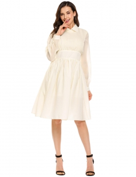 

Beige Vintage Style Long Sleeve Ruched Solid Swing Dress, Multicolor