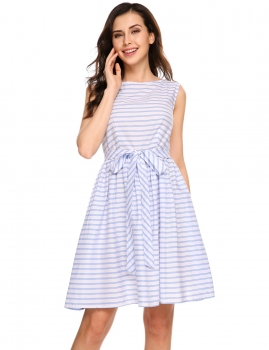 

Blue Retro Sleeveless Striped Belted Swing Dress, Multicolor