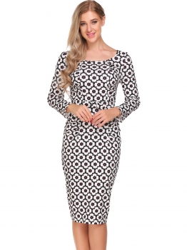 

White Vintage Style Print Bow Draped Midi Pencil Party Dress, Multicolor