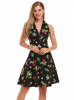 

Black Sleeveless Floral Print Halter Skater Dress, Multicolor