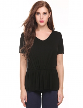 

Black Ruffle Brims V-Neck Short Sleeve Solid Pullover Elastic T-Shirt, Multicolor