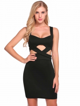 

Black Sleeveless Cut Out Solid Nightclub Pencil Dress, Multicolor