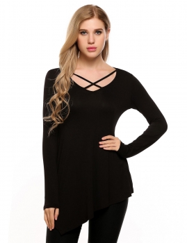 

Black Front Cross V-Neck Long Sleeve Asymmetry Hem Solid Tops, Multicolor