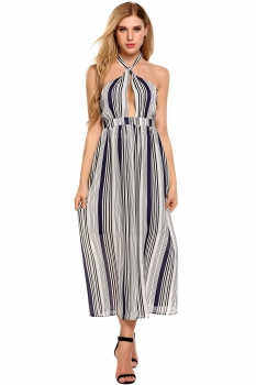 

Blue Striped Halter Split Peep Hole Maxi Dress, Multicolor