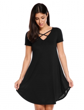 

Black Short Sleeve Solid V Neck Pullover Loose T-Shirt Dress, Multicolor