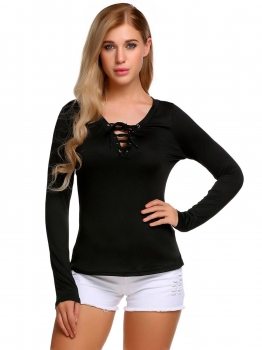 

Black Zeagoo Lace Up Long Sleeve Solid Casual T-Shirt, Multicolor
