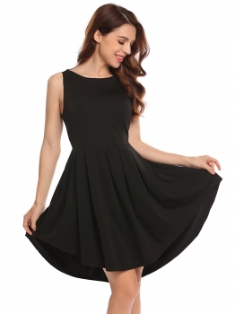 

Black Women Casual Round Neck Sleeveless Pleated Asymmetrical Dress, Multicolor