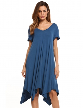 

Blue V-Neck Solid Asymmetrical A-Line Dress, Multicolor