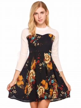 

White black 3"4 Flare Sleeve Floral Patchwork Chiffon Short Dress, Multicolor