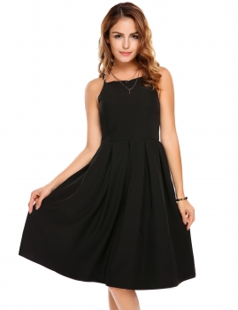

Black Spaghetti Strap Sleeveless Zipper Solid A-Line Pleated Dress, Multicolor