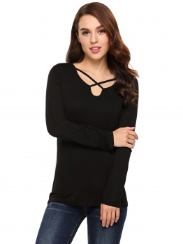 

Black Long Sleeve Split Neck Basic Solid Slim Tops, Multicolor
