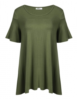 

Army green Plus Size Solid Loose Fit Ruffles Short Sleeve O-Neck Tunics, Multicolor